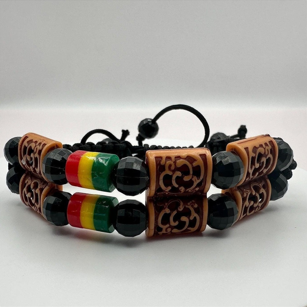 Vintage‎ Y2K Rasta Braided Macrame Beaded Double Strand Bracelet Women's Jewelry